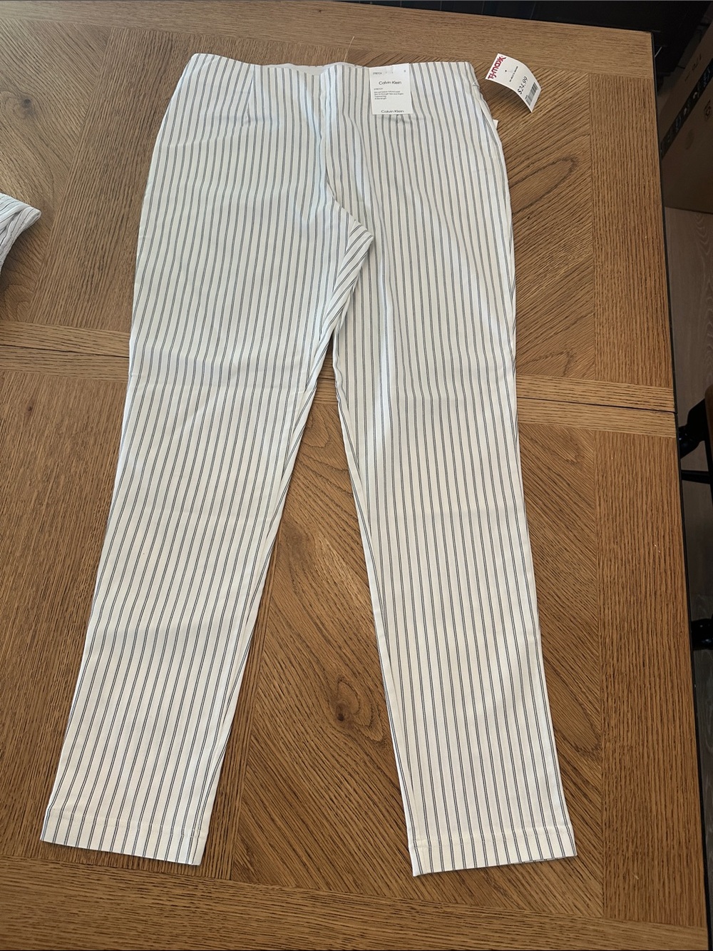 Calvin Klein White Pants with Navy Pinstripes pull on stretch.